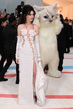 a woman in a white dress standing next to a cat on the red and blue carpet