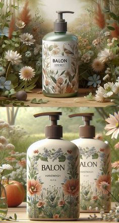 two bottles of soap sitting next to each other on a shelf with flowers and leaves