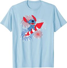 Disney Lilo & Stitch 4th Of July Stitch Fireworks Rider T-Shirt Stitch 4th Of July, Disney 4th Of July, Stitch Shirt, Lilo Stitch, Disney Lilo, Disney Stitch, Heather Blue, Stitch Disney, Lilo And Stitch