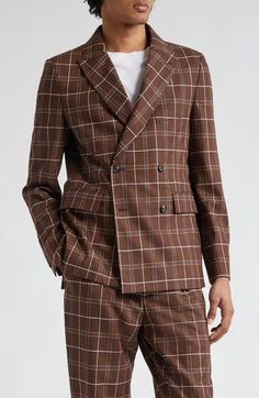 Suiting from the '50s–'60s inspired this double-breasted sport coat featuring peaked lapels and styled in a midcentury-minted plaid. 29" length (size 40) Double-breasted button closure Peaked lapels Four-button cuffs Chest welt pocket; front flap pockets Side vents Lined 70% viscose, 30% wool Dry clean Imported Designer Clothing Sport Coat, Double Breasted, Mens Jackets, Plaid, Nordstrom, Clothes Design