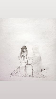 a pencil drawing of a woman sitting on the ground with her hands to her face