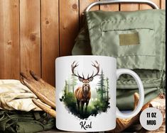 a white coffee mug with an image of a deer on it and the words real