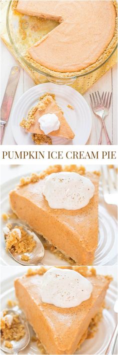 pumpkin ice cream pie on a white plate with two slices cut out and ready to be eaten