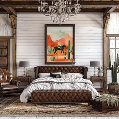 a large bed sitting under a chandelier in a bedroom