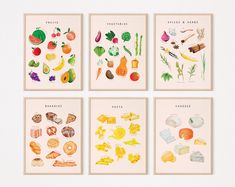 four framed art prints with different fruits and vegetables on the same paper, each showing their own type of food