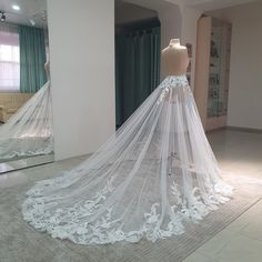 a wedding dress with a long veil on display