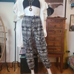 Black and white soft elephant print drawstring pants elastic ankle Boho Bohemian Hippie style  Cotton blend Bohemian Hippie Style, Black Elephant, Mode Hippie, Womens Trousers, Boho Pants, Bohemian Hippie, Elephant Print, Printed Drawstring, Hippie Bohemian