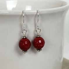 Red Sterling Silver Drop Crystal Earrings, Red Sterling Silver Crystal Drop Earrings, Nickel-free Red Crystal Earrings, Red Nickel-free Crystal Earrings, Hypoallergenic Red Earrings For Gift, Red Nickel-free Drop Crystal Earrings, Red Crystal Earrings For Pierced Ears As A Gift, Red Hypoallergenic Round Bead Earrings, Adjustable Red Elegant Earrings