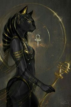 an egyptian woman in black and gold holding a golden key to her right side, with the eye of horus written on it