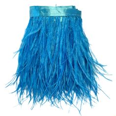 a blue skirt with long feathers hanging from it's side on a white background