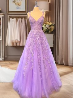 A-line Bateau Long Sleeves Appliques Lace Floor-Length Tulle Dress Lavender A-line Wedding Dress, Purple A-line Evening Dress For Banquet, Purple A-line Gown For Banquet, Purple A-line Wedding Gown, Purple A-line Banquet Dress, Purple A-line Dress For Banquet, Lavender A-line Prom Dress, Purple A-line Wedding Evening Dress, A-line Maxi Dress With Sweep Train