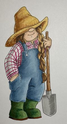 a drawing of a girl with long braids wearing overalls and holding a shovel