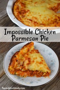 two plates with slices of impossible chicken parmesan pie