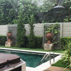 an outdoor pool surrounded by greenery and potted plants in front of a fence