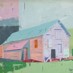 an abstract painting of a pink house with green grass and blue sky in the background