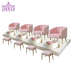 a set of six pink chairs with gold legs and foot stools on a white platform