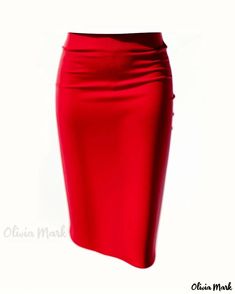 OliviaMark - Flattering High-Waisted Bodycon Bandage Skirt: Enhance Curves and Hips with Knee-Length Pencil Silhouette Red Stretch Pencil Skirt For Party, Red Fitted Knee-length Skirt, Fitted Red Knee-length Skirt, High Waist Red Lined Pencil Skirt, Red High Waist Lined Pencil Skirt, Fitted Knee-length Solid Color Bottoms, Fitted Knee-length Bottoms In Solid Color, Fitted Solid Color Hip-length Skirt, Fitted Solid Color Pencil Mini Skirt