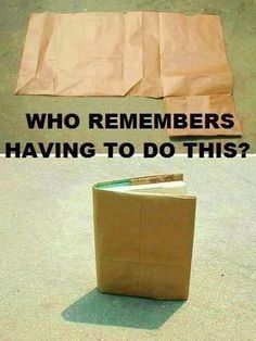 an open book sitting on the ground next to a brown paper bag with words who remembers having to do this?