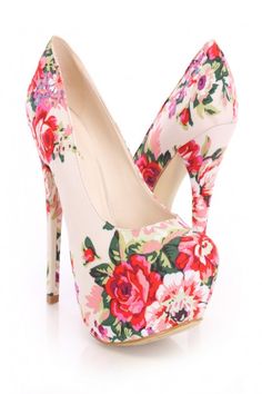 ♡Beige♡Floral Print Stylish Heels, Pump Heels, Cute Heels, Platform High Heels