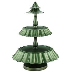 a three tiered green glass cake stand