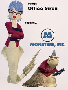 an animated image of a woman with blue hair and glasses sitting next to a monster