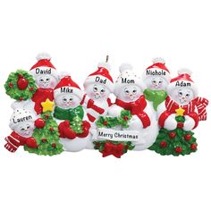 a group of snowmen with names on them