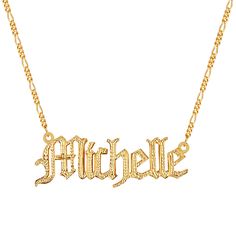 Our popular Golden Double Plated Gothic Name Necklace boasts a chic and elegant design, handcrafted to perfection. The model showcases the necklace with a 16-inch Figaro chain (see video for reference). You can personalize this item with Letters, Numbers, and Roman Numerals and choose from chain lengths of 14", 16", 18", and 20". Each chain features a lobster clasp closure for secure wear.Chain width:Cuban Chain - 3.7 mmFigaro Chain - 3 mm Closure: All chains are fitted with a lobster clasp Meta Holiday Gift Guide Kids, Old English Script, Old English Style, Celebrate Yourself, Dainty Initial Necklace, Ring Bracelet Chain, Name Earrings, Engraved Pendant, Photo Pendant