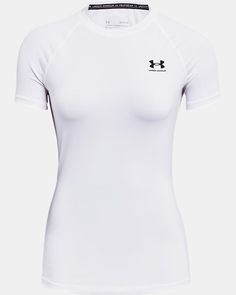 Women's HeatGear® Compression Short Sleeve White Stretch Rash Guard With Crew Neck, White Stretch Crew Neck Rash Guard, Sporty White Rash Guard With Crew Neck, White Sporty Crew Neck Rash Guard, White Moisture-wicking Rash Guard For Sports, White Crew Neck Sporty Rash Guard, Functional White Compression Activewear, White Compression Technical Activewear, Stretch Athleisure Rash Guard For Training