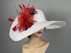 "This hat will surely bring you compliments Brims are approx.  6\". One size hat ( 21\"- 22\") Wired brim Good shape Please feel free to ask me any questions or special requests. Please visit my other shop  https://www.etsy.com/shop/BridalWorldAccessory?ref=hdr_shop_menu Thank you very much for shopping  at my shop. Have a great day!" White Flat Brim Boater Hat For Party, White Flat Brim Fascinator For Party, White Fedora Costume Hat For Party, White Fedora Mini Hat For Party, Red Top Hat For Summer Church, Elegant Red Sun Hat For Beach, Elegant Red Mini Hats For The Beach, Red Flat Brim Party Hat, Red Wide Brim Costume Hat For Church