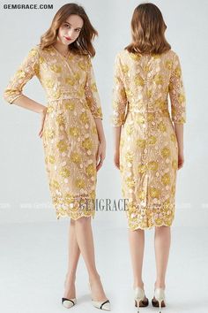 10% off now|Free shipping world-wide. L-5XL Gold Embroidered Sheath Party Dress with Half Sleeves at GemGrace. Click to learn our pro custom-made service for wedding dress, formal dress. View #WeddingGuestDresses for more ideas. Mother Of The Bride 3/4 Sleeve Dress For Banquets, Mother Of The Bride Half Sleeve Dresses For Spring, Spring Mother Of The Bride Dress With 3/4 Sleeves, 3/4 Sleeve Mother Of The Bride Dress For Party, Elegant Dresses With Floral Embroidery And 3/4 Sleeves, Gold Summer Dress For Banquet, Gold Summer Banquet Dress, Gold Knee-length Dress For Party Season, Gold Short Sleeve Formal Dress