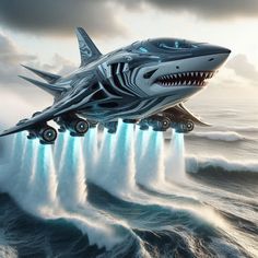 an image of a shark flying over the ocean with cars in it's mouth