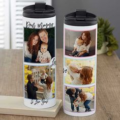 two personalized travel mugs with photos on them, one is for mom and the other is for dad