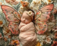 a baby wrapped in a pink blanket laying on top of flowers with a butterfly wings