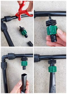 four pictures showing how to use an extension tool for the pipe and hose clamps