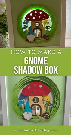 a green box with an image of gnomes and mushrooms on it in front of the words how to make a gnome's shadow box