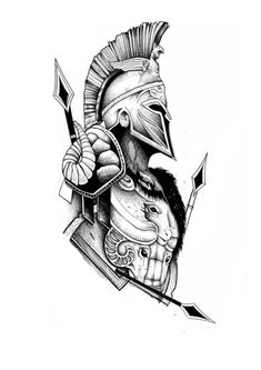 a drawing of a spartan helmet with an arrow in the middle and a shield on top