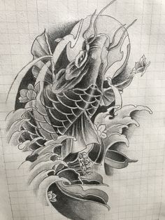 a black and white drawing of a koi fish with flowers on it's back