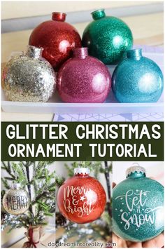 glitter christmas ornament ornaments in different colors and designs with the words glitter on them