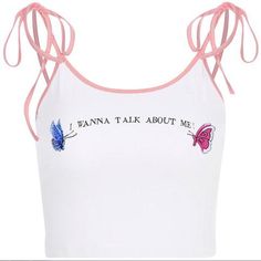 Butterfly Embroidery Lace up Tank Top sold by Tony Moly Store on Storenvy Fitted Summer Tops With Embroidered Graphics, Fitted Spring Tops With Embroidered Graphics, Fitted Tops With Embroidered Graphics For Spring, Embroidered Fitted Casual Crop Top, Casual Embroidered Fitted Crop Top, White Cotton Printed Crop Top, Pink Letter Print Crop Top For Summer, Summer Pink Crop Top With Letter Print, Embroidered Fitted Crop Top For Summer