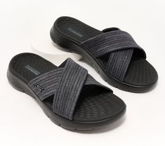 Your journey from the resort lobby to the sand or your neighbor's patio to the pool deck is comfier (and way cuter) in these flexible GoWalk slides with Goga Mat cushioning. From Skechers. Comfortable Slippers With Arch Support For Vacation, Adjustable Lightweight Slides For Vacation, Comfortable Vacation Slippers With Arch Support, Ortholite Insole Slip-on Slippers For Vacation, Adjustable Slippers With Arch Support For Vacation, Beach Slide Slippers With Ortholite Insole, Arch Support Slip-on Flip Flops For Vacation, Arch Support Flip Flops For Vacation, Vacation Flip Flops With Arch Support