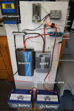 two batteries connected to an inverter and another battery attached to the back of a refrigerator