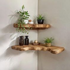 two wooden shelves with plants and vases on them in the corner of a room