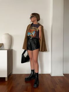 Punk Brunch Outfit, Elevated Edgy Outfits, Leather Shorts Graphic Tee Outfit, Earthy Outfits Grunge, Rock Tee Outfit, Black Tee Shirt Outfit, Edgy Summer Outfits Soft Grunge, 90’s Inspired Outfits, Style Graphic Tee Outfits