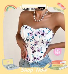 Women Fashion Sexy Strapless Floral Printed Diamond Fishbone Waist Small Tube Top Fish Bone, Floral Printed, Tube Top, Women Fashion, Floral Prints, Shop Now, Purple, Floral