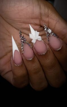 Victoria’s Secret Angel Nails, Stiletto And Coffin Mix Nails, Senior Portrait Nails, Angel Wings On Nails, Graduation Picture Nails, Senior Pictures Nails Ideas, Winter Glam Nails, White Claw Nails, Nail Buisness Aesthetic