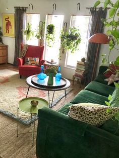 a living room filled with green furniture and lots of plants on the windows sill