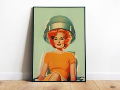 a painting of a woman in an orange dress sitting on a chair with a helmet on her head