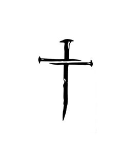 a black and white photo of a cross with a knife sticking out of it's center