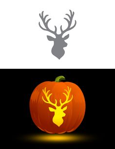 an orange pumpkin with a deer's head and antlers on it, sitting next to a black background