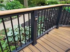 a wooden deck with black iron railings and plants growing on the other side of it